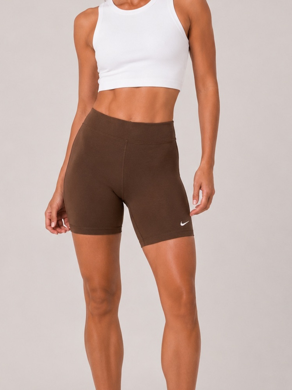 Nike Women's Brown Bike Shorts with White Embroidered Swoosh